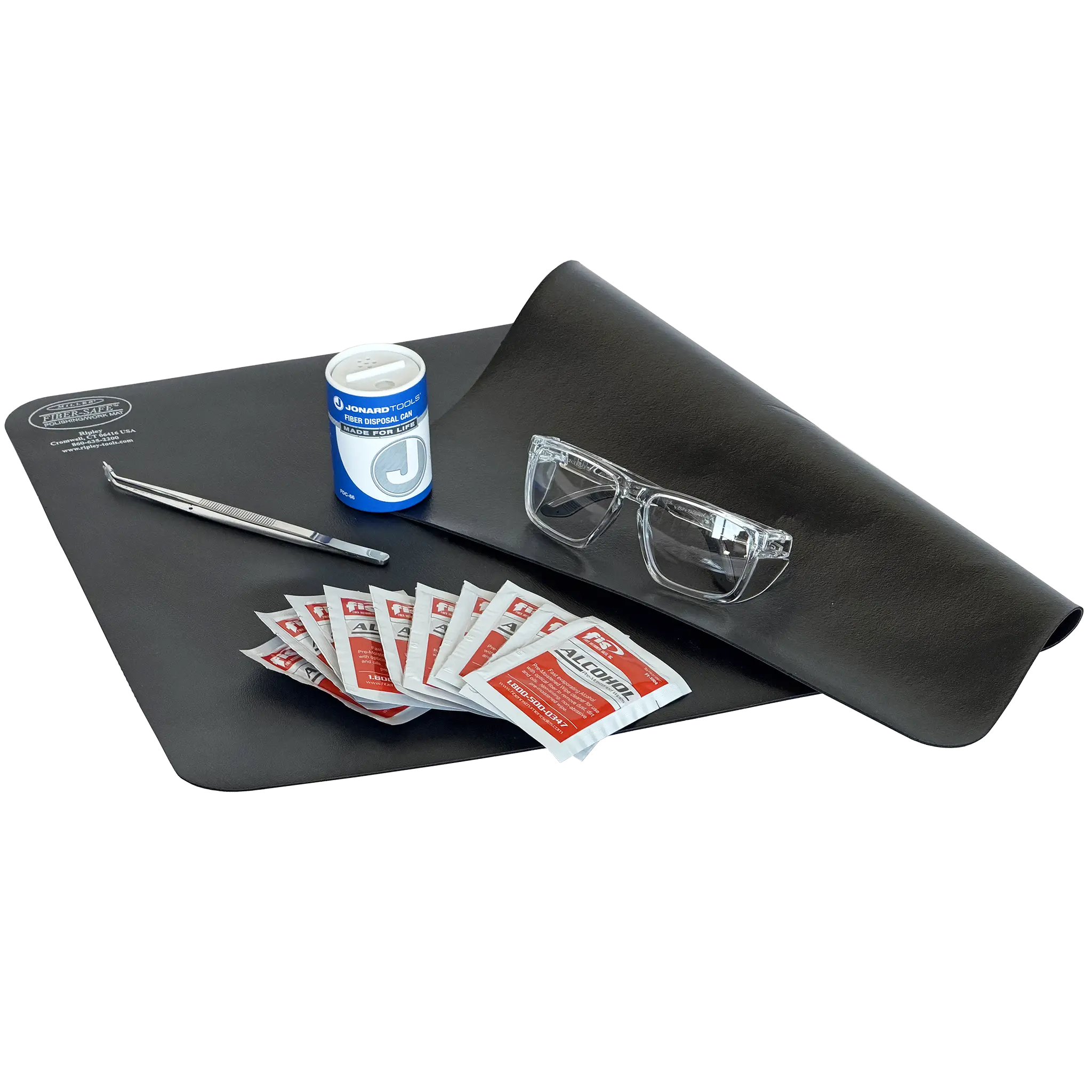 Fiber Optic Safety Kit featuring a fiber mat, safety glasses, tweezers trash can and alcohol wipes