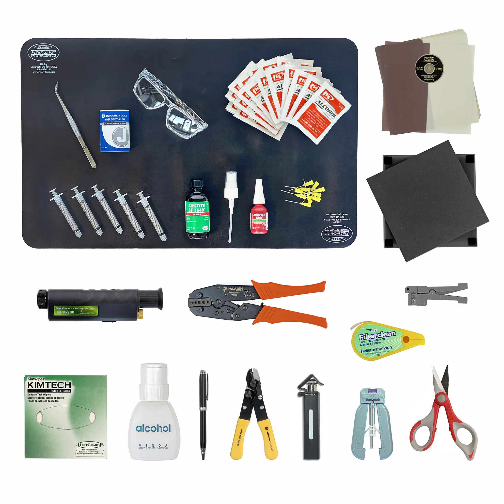 AI / Data Center Fiber Optic Tools Only Termination Kit featuring fiber strippers, crimpers, a fiber safety kit, a Loctite adhesives kit, a 200x fiber scope and more
