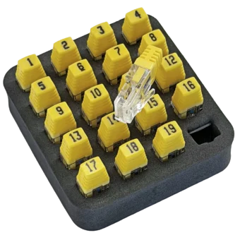 RJ45 Remote Identifier 20-piece Set identifies up to 20 LAN data cables or jacks (twisted-pair) at one time with these numbered (1 thru 20) RJ45 remotes