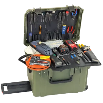 Structured Wiring Installer Tool Kit in PWXD 14 Inch Lifetime Warranty Wheeled Olive Drab Tool Case featuring industry leading tool brands Klein, Knipex, Tempo, Jonard, Platinum, Paladin, Crescent, Ullman, Channellock and more