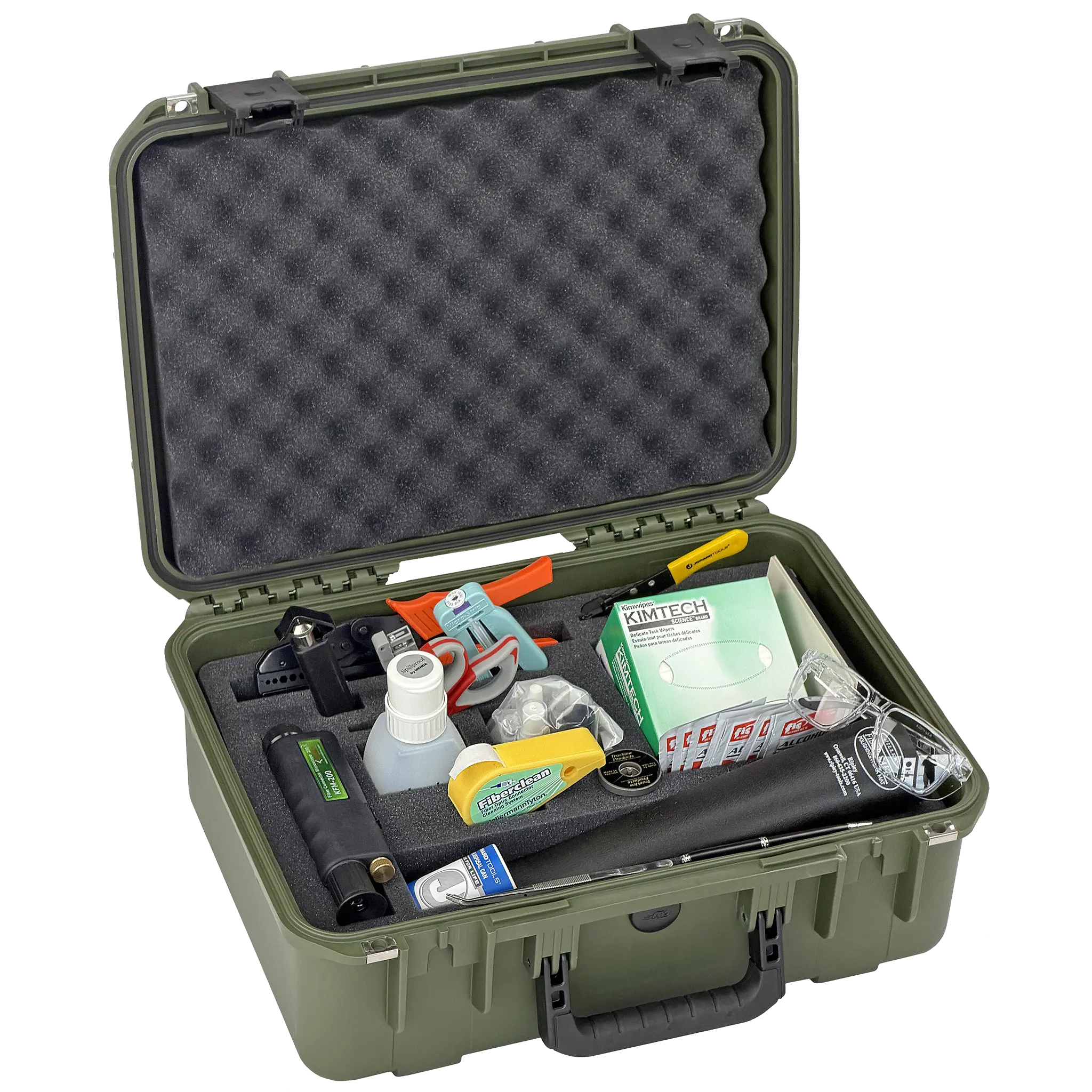 AI / Data Center Fiber Optic Termination Kit in a 7" lifetime warranty hard-sided tool case featuring fiber strippers, crimpers, a fiber safety kit, a Loctite adhesives kit, a 200x fiber scope and more