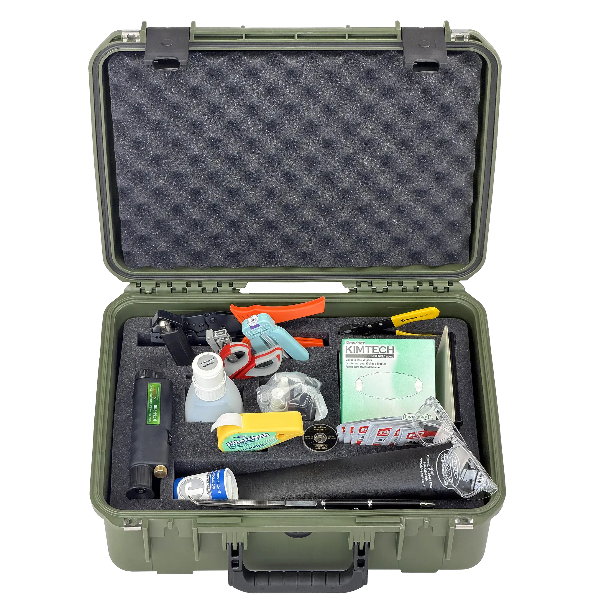 AI / Data Center Fiber Optic Termination Kit in a 7" lifetime warranty hard-sided tool case featuring fiber strippers, crimpers, a fiber safety kit, a Loctite adhesives kit, a 200x fiber scope and more