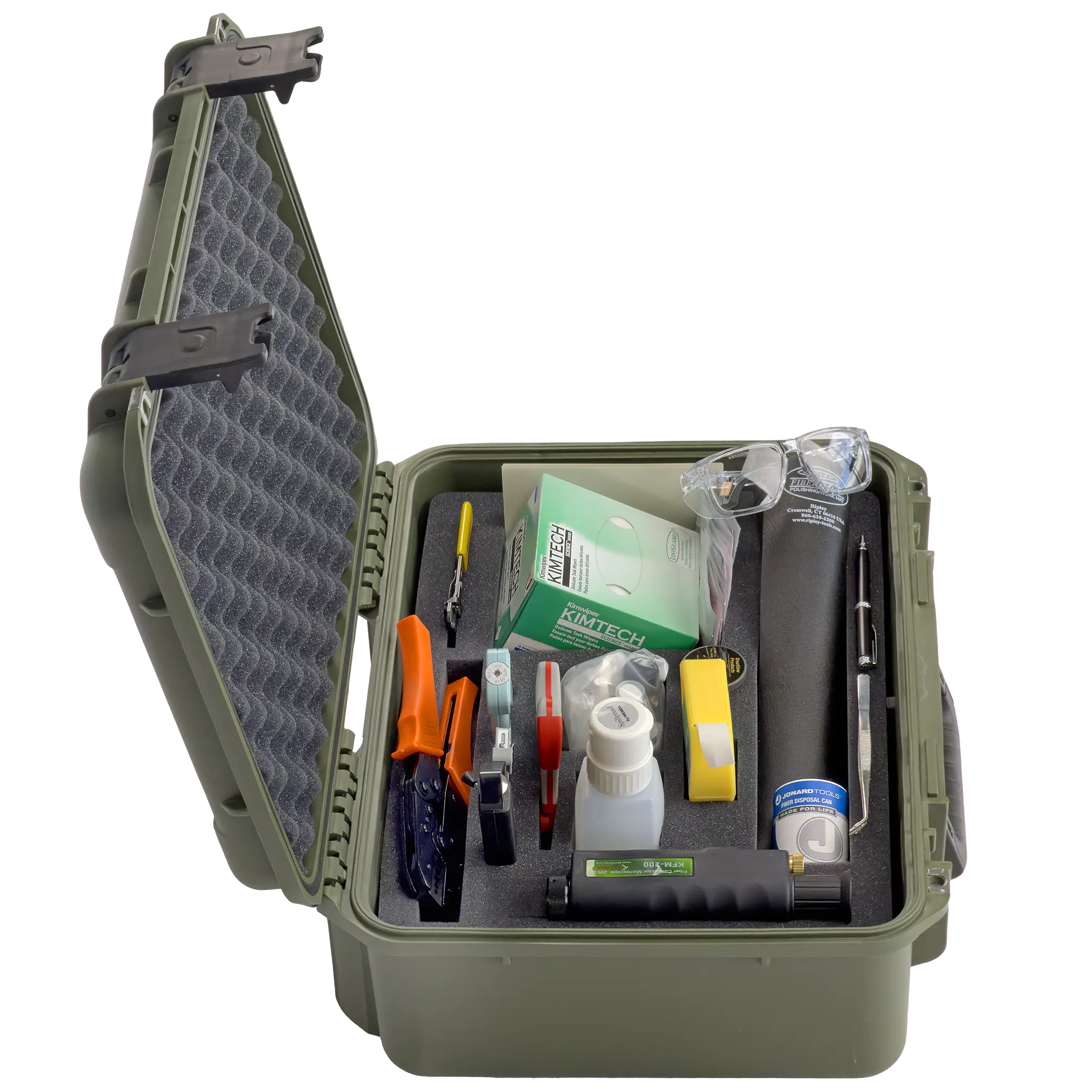 AI / Data Center Fiber Optic Termination Kit in a 7" lifetime warranty hard-sided tool case featuring fiber strippers, crimpers, a fiber safety kit, a Loctite adhesives kit, a 200x fiber scope and more