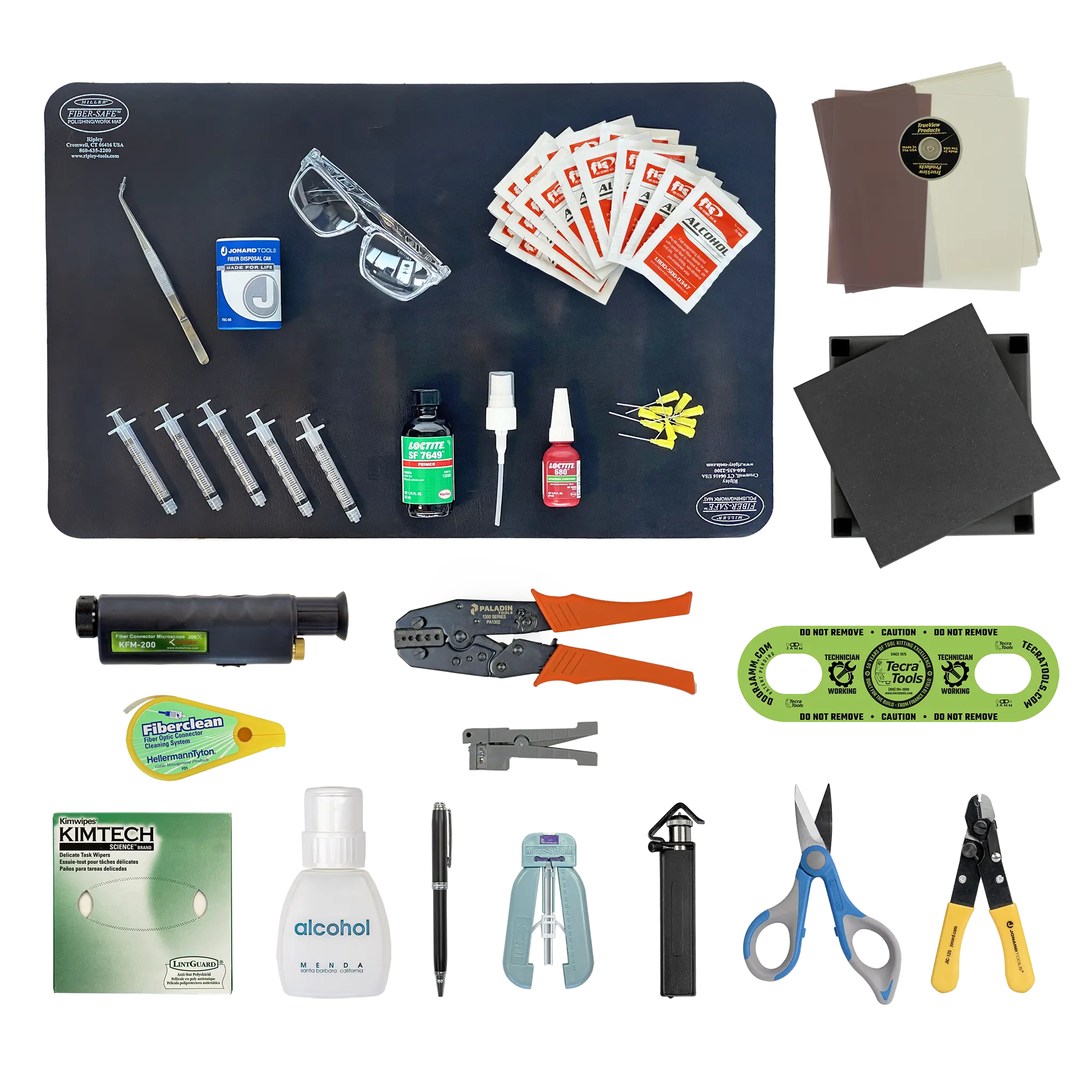 AI / Data Center Fiber Optic Tools Only Termination Kit featuring fiber strippers, crimpers, a fiber safety kit, a Loctite adhesives kit, a 200x fiber scope and more