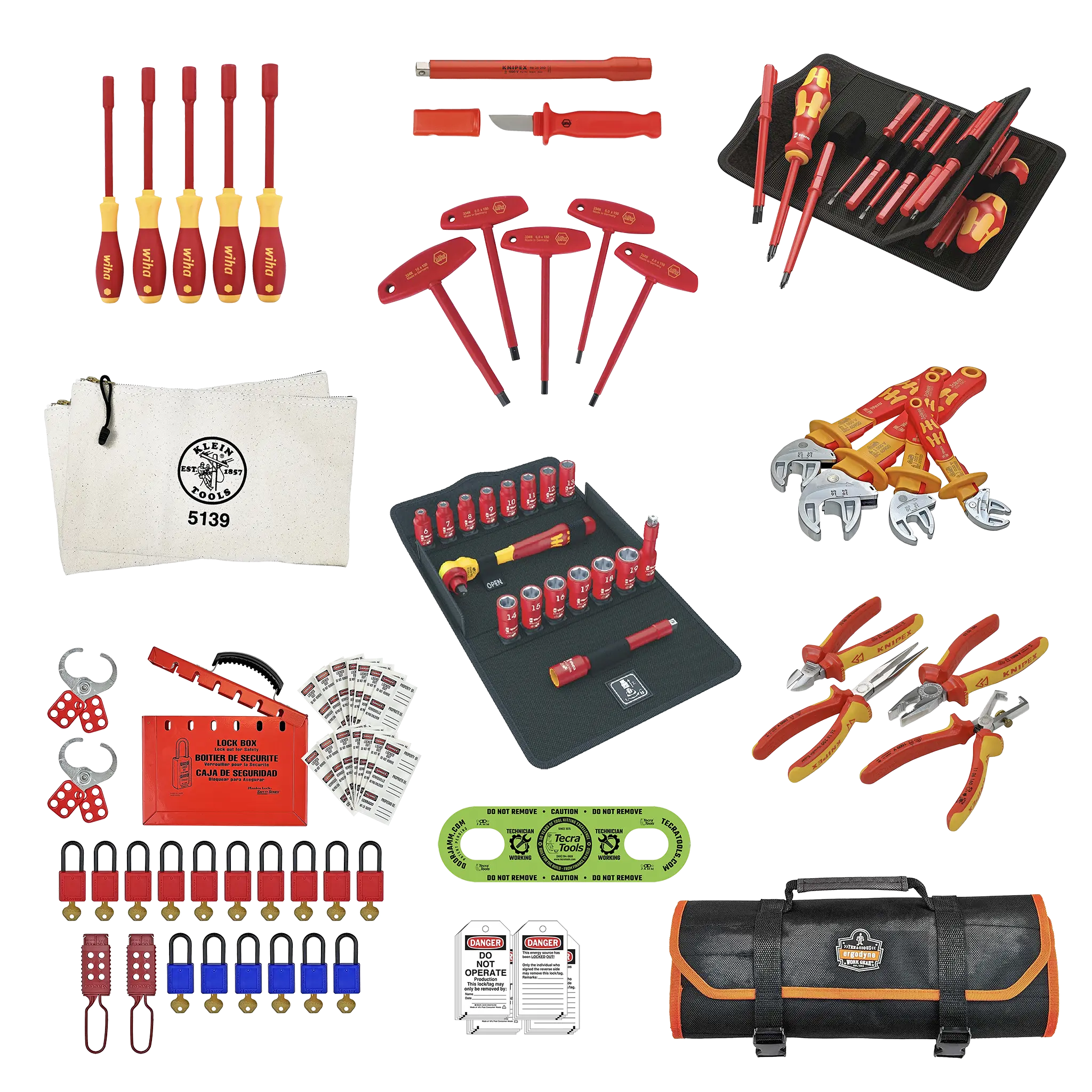 Basic EV Battery and Charging Tech Tools Only Tool Kit featuring lifetime warranty tools from USA and European brands like Wera, Wiha, Knipex, Klein and more